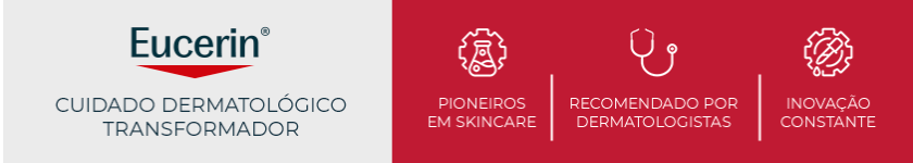 Logo da Eucerin sobre fundo vermelho, reforçando o conceito de cuidado dermatológico da marca.