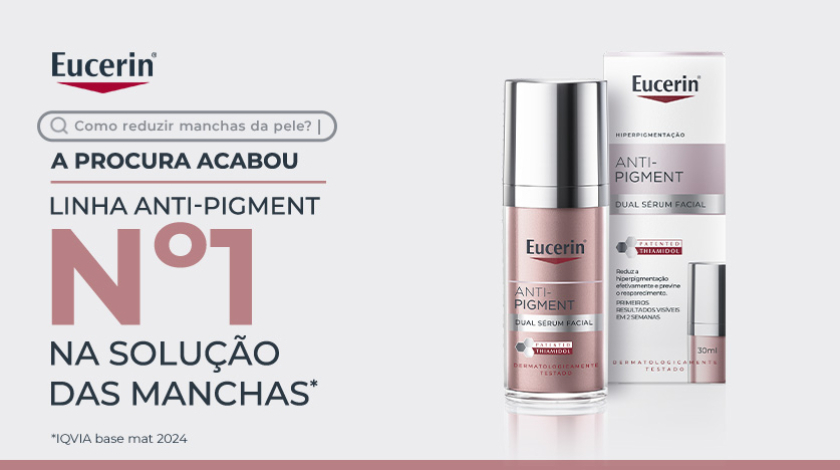 Imagem de produto Eucerin Anti-Pigment Dual Sérum. À esquerda, há um layout gráfico com ícone de barra de pesquisa e elementos tipográficos em destaque.