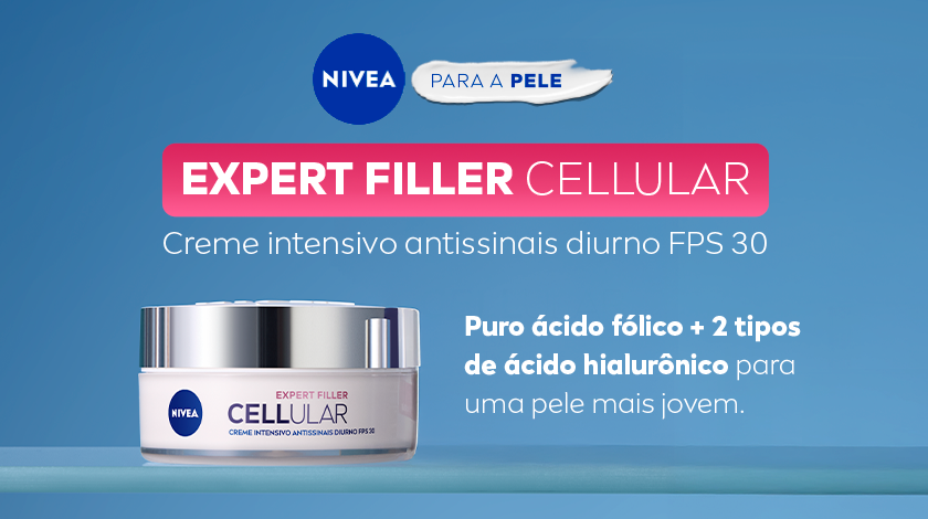 Embalagem do creme NIVEA Expert Filler Cellular com destaque para ácido fólico puro e ácido hialurônico.