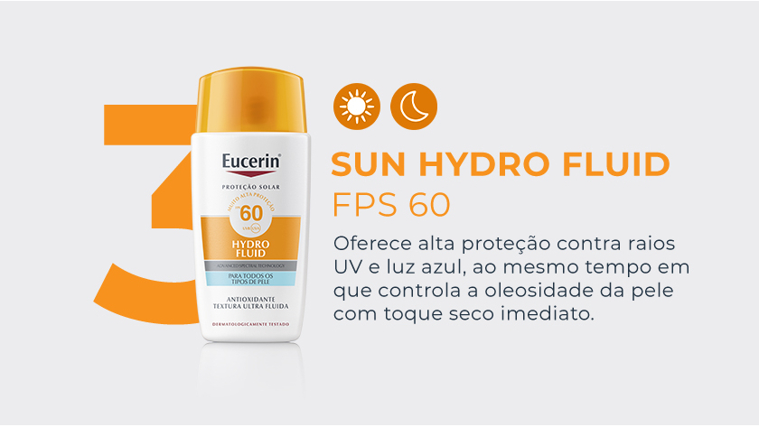 Banner com a embalagem do protetor solar Eucerin Sun Hydro Fluid FPS 60 em evidência, sobre fundo claro. Ícone de sol indica uso diurno.