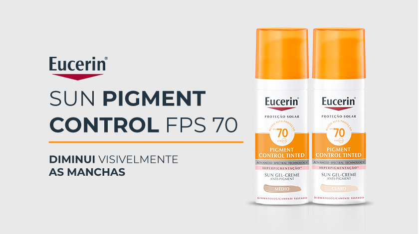 A embalagem do produto Eucerin Sun Pigment Control Tinted Claro e Médio FPS 70 aparece sobre um fundo branco.