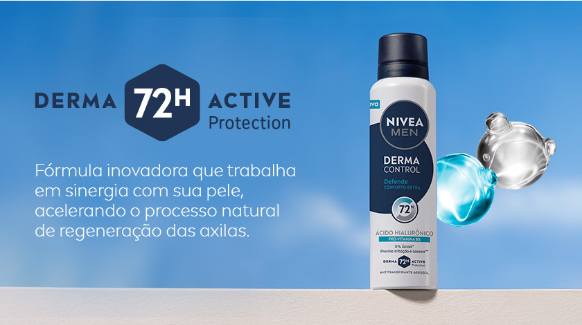 Frasco do desodorante NIVEA MEN Derma Control Defende ao centro sobre fundo azul. Ao lado, esfera transparente com partículas azuis. Acima do frasco, destaque para “72H Active Protection” em letras grandes.