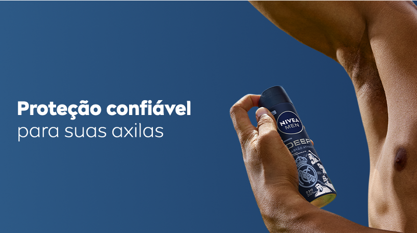 Homem aplicando desodorante NIVEA MEN DEEP (Edição Real Madrid) na axila. À esquerda, o texto: 