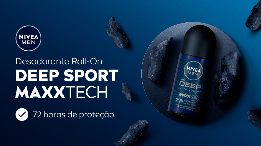 Fundo azul escuro com carvão ativado espalhado. À direita, desodorante roll-on NIVEA MEN Deep Sport MaxxTech 72h de proteção. Texto em branco à esquerda destacando 72 horas de proteção.