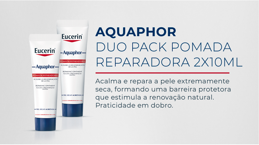 Imagem com fundo neutro. Ao lado esquerdo são destacadas as embalagens de Aquaphor Duopack.