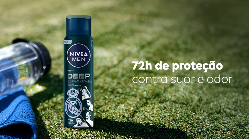 Frasco de desodorante NIVEA MEN DEEP Edição Limitada Real Madrid sobre um gramado ensolarado, com o texto 