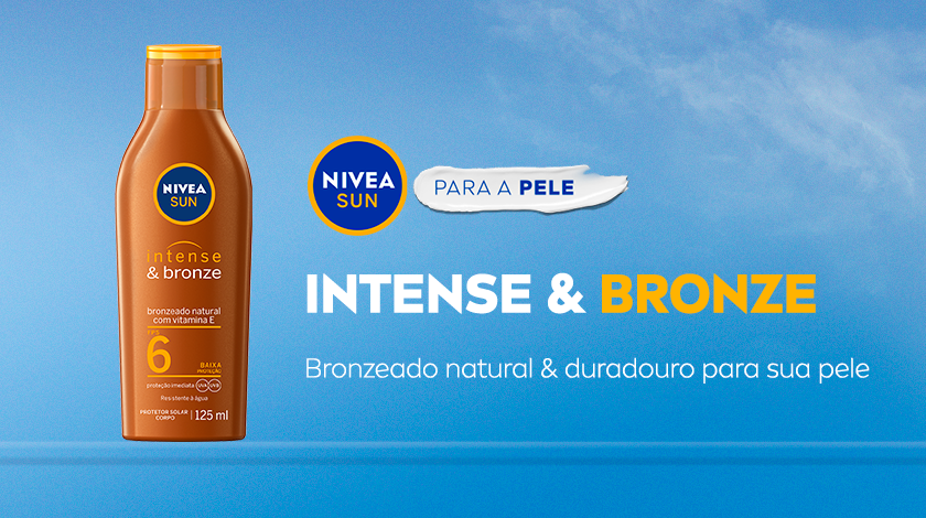 Frasco do NIVEA Sun Intense & Bronze FPS 6 com fundo azul e céu ao fundo, acompanhado da frase 