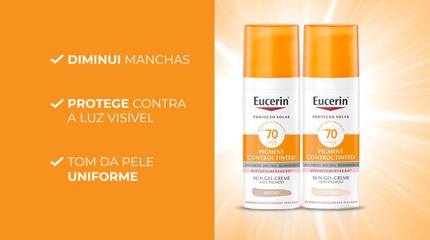 Os frascos de Eucerin Sun Pigment Control Tinted Claro e Médio FPS 70 estão sobre um fundo laranja vibrante, com ícones representando seus benefícios.
