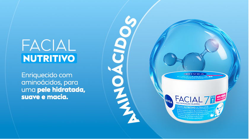 Fundo azul representando o produto. Ao lado direito, a embalagem aparece em destaque com representações da fórmula.