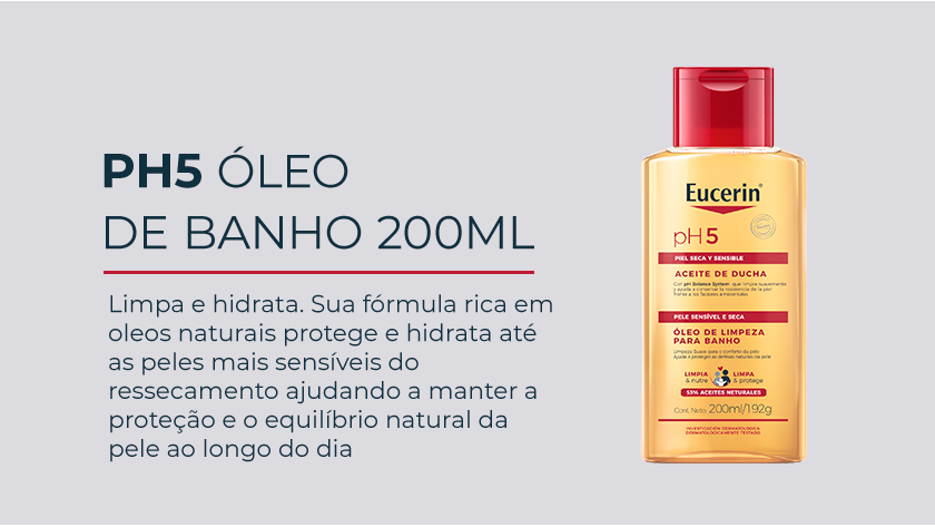 Imagem com fundo neutro. Ao lado direito, uma embalagem com líquida dourado e tampa vermelha aparece em destaque.