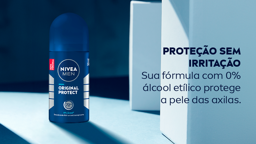 Banner com fundo azul escuro e claro, dividido ao meio com texturas de parede. Ao lado esquerdo, o desodorante é apresentado em destaque.