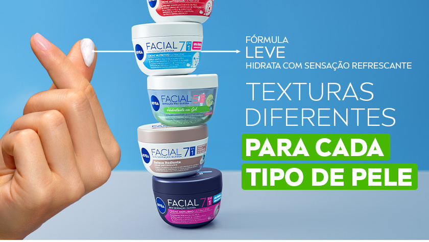 Uma mão faz o símbolo de coração, mostrando a textura do produto no dedo. Ao lado, uma torre com os 5 potinhos é destacada.