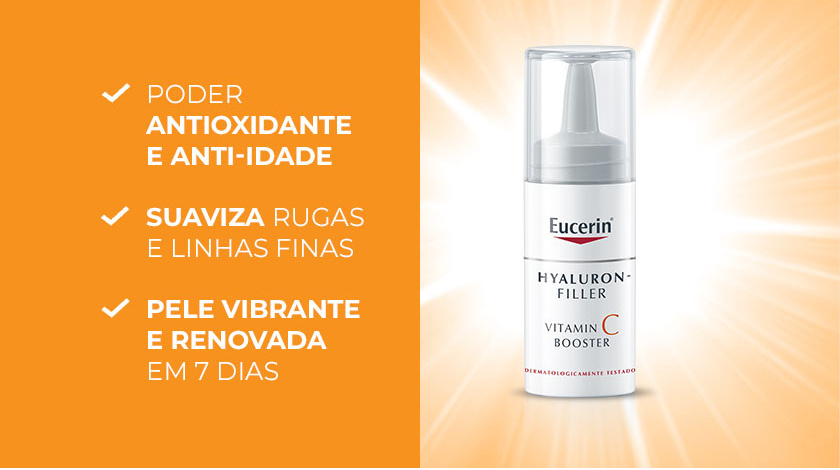 A imagem apresenta um layout dividido em dois blocos verticais. Um lado tem fundo laranja vibrante e destaca três benefícios principais do produto, e o outro lado tem tons de laranja claro com efeito de iluminação intensa, com o produto no centro.