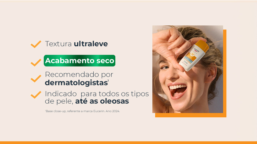 Texto com ícones em laranja destacando benefícios do produto. Ao lado direito, imagem de mulher sorrindo.
