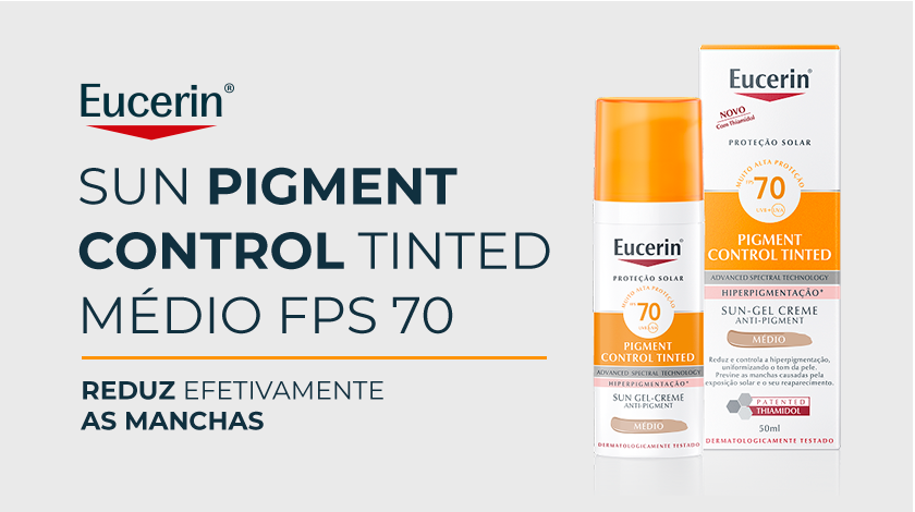 Imagem do protetor solar facial Eucerin Sun Pigment Control Tinted FPS 70 ao lado da embalagem, com fundo claro e destaque para a promessa do produto.