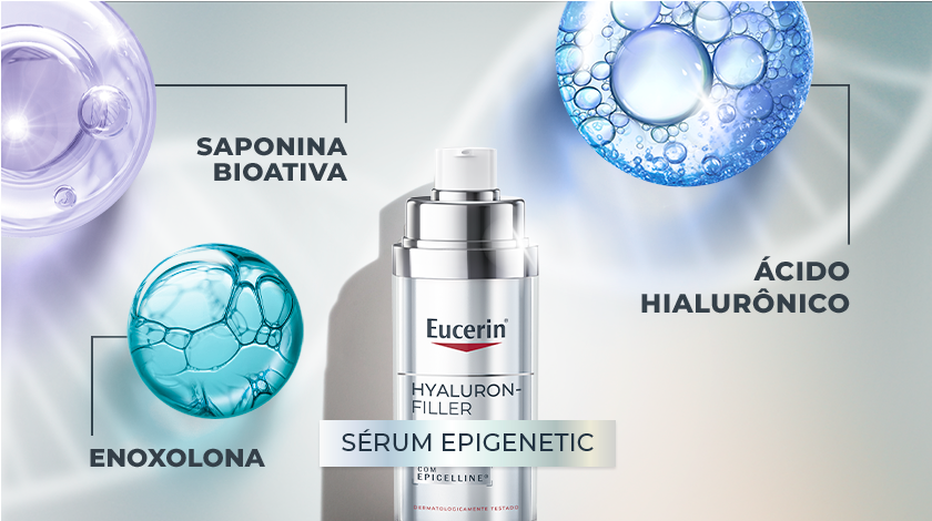 Fundo neutro. Ao centro da imagem é destacado o Sérum Epigenetic. Ao redor do produto, representações de células coloridas revelam sua fórmula.
