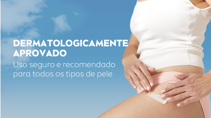 Imagem com fundo azul de céu, ao lado direito, uma mulher aplica o creme na pele.