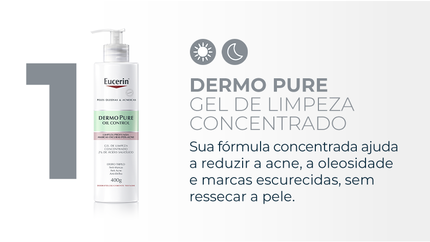Imagem com fundo branco. No canto esquerdo, a embalagem de Dermopure aparece em destaque ao lado do número 1. No canto direito, ícones cinzas representam dia e noite.