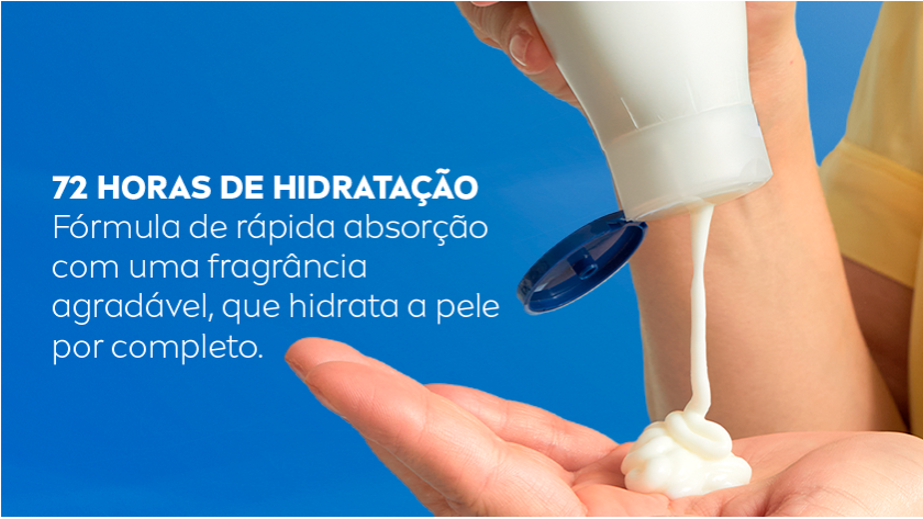 Fundo azul escuro. Ao lado direito, uma mão segura a embalagem do produto, aplicando na outra.