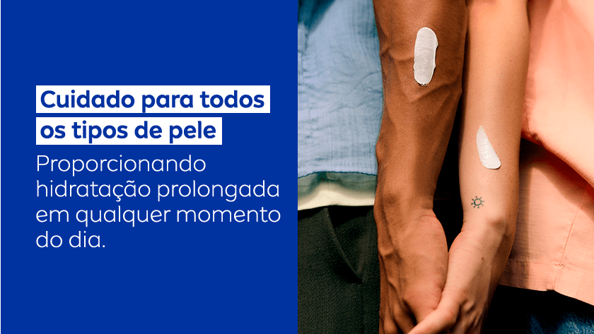 Duas pessoas de mãos dadas com creme aplicado nos braços, ilustrando o uso universal do NIVEA Creme para diferentes tipos de pele.