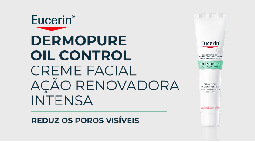 Bisnaga do produto DermoPure Oil Control Creme Facial Antiacne ao lado direito. À esquerda, texto em destaque.