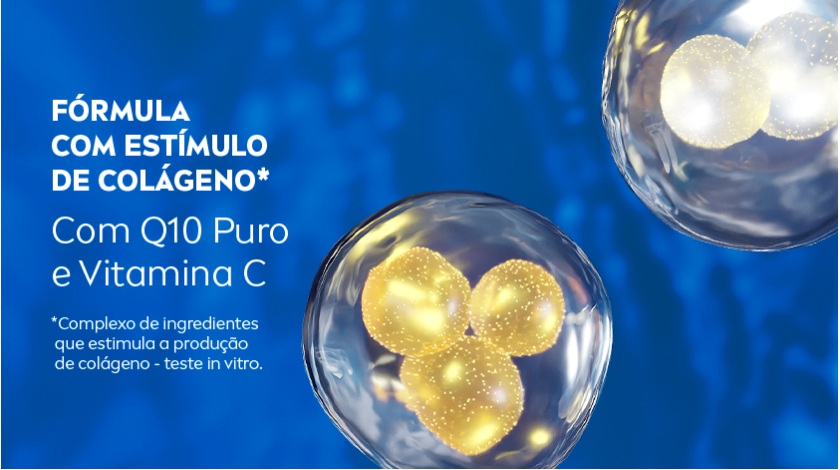 Fundo azul escuro. A imagem representa a fórmula com produto, através de ilustrações de moléculas douradas.