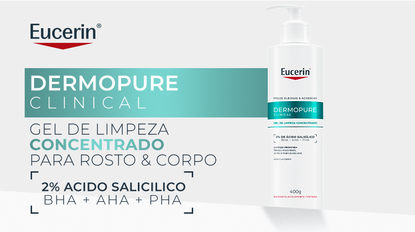 Banner publicitário de dermocosmético com fundo claro em tons de branco e cinza. No topo, aparece a embalagem do gel em cor branca e verde. À esquerda, há blocos gráficos em verde destacando a linha do produto.