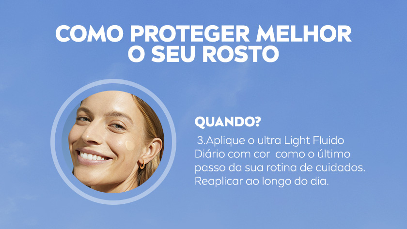 Imagem de fundo azul. Foto de mulher sorrindo, emoldurada em círculo. Ao lado, instruções de uso.