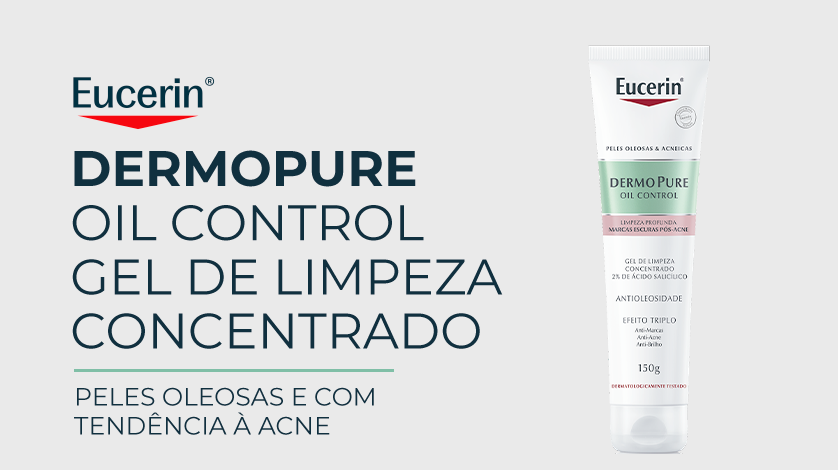 Imagem do Gel de Limpeza Concentrado DermoPure Eucerin em um fundo neutro.