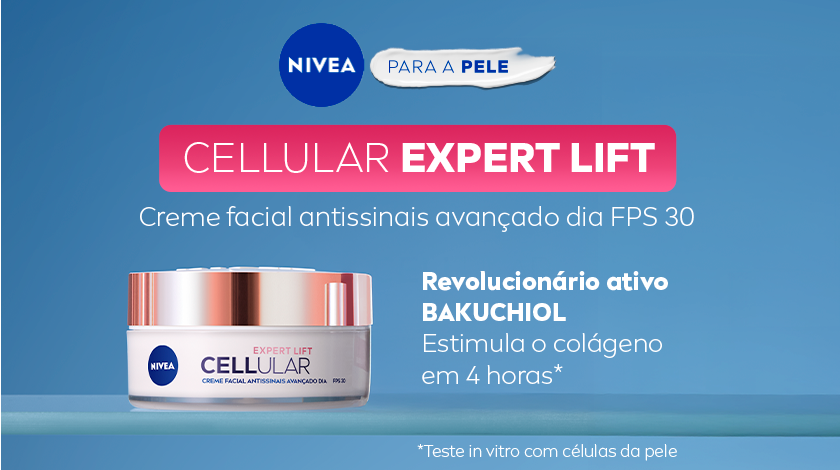 Fundo azul com logos “NIVEA” e “PARA A PELE” no topo. Texto em branco e rosa. Ao centro, pote do produto com tampa rosé.