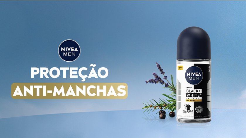 Imagem com fundo azul. Em destaque aparece a embalagem de MEN Black & White Epic Night, ao lado de ingredientes.