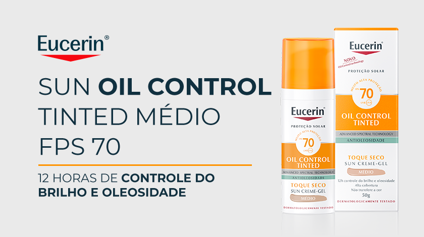 A embalagem do produto Eucerin Sun Oil Control Tinted Médio FPS 70 aparece sobre um fundo branco.