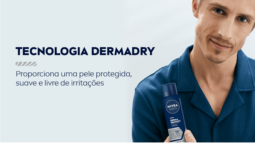 Fundo cinza claro. À direita, aparece um homem com um leve sorriso no rosto, ele tem a pele clara e cabelo claro, vestindo camisa azul escura, segurando o produto. Ele segura o frasco do desodorante NIVEA Men na frente do peito, com a embalagem visível.