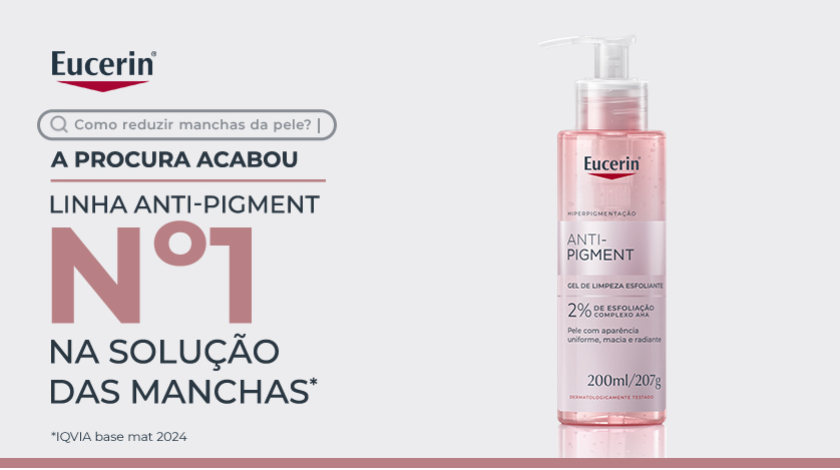 Imagem de produto Eucerin Anti-Pigment Gel de Limpeza Esfoliante. No centro, o produto em embalagem rosa. À esquerda, há um layout gráfico com ícone de barra de pesquisa e elementos tipográficos em destaque.
