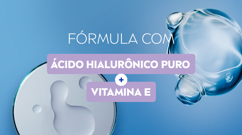 Fundo azul claro com gota gigante de líquido. Ao redor, um pote de creme reforça a ideia de hidratação.