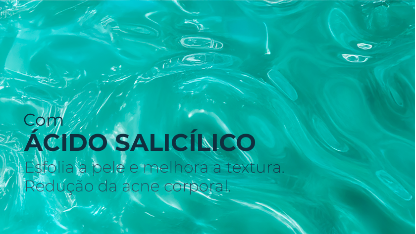 Banner com fundo em tom verde-água vibrante, com textura fluida que remete a gel ou líquido cosmético espalhado em movimento.