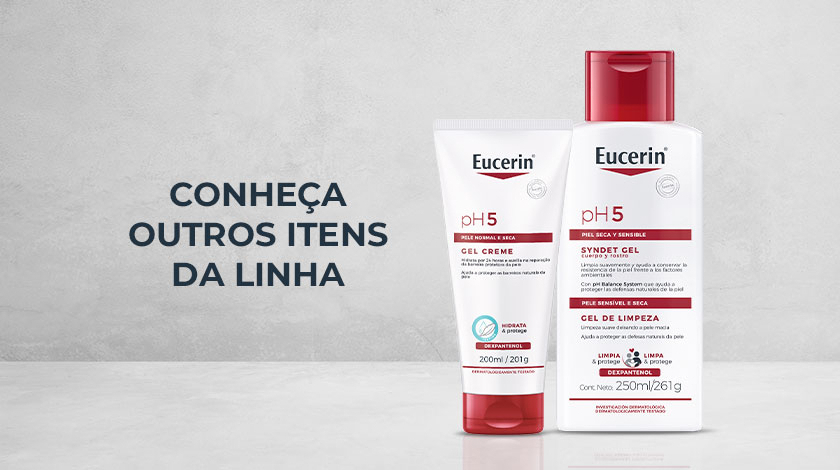 Dois produtos da linha Eucerin pH5 sobre superfície clara.