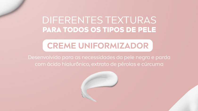 Fundo rosa claro com textura de creme branco nas laterais. Texto central em branco e bege apresenta o Creme Uniformizador da NIVEA, formulado para pele negra e parda, com ácido hialurônico, extrato de pérolas e cúrcuma.