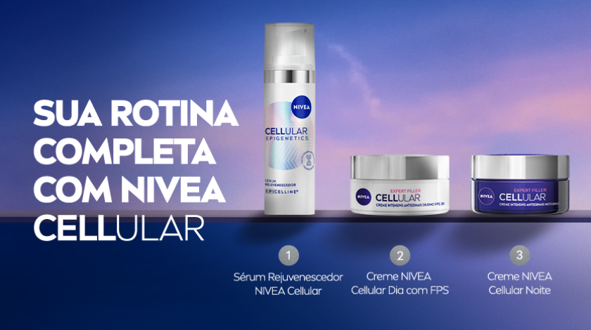 Sua rotina completa com NIVEA Cellular Três produtos da linha NIVEA Cellular alinhados na base da imagem: Sérum Rejuvenescedor, Creme Dia com FPS e Creme Noite. Fundo azul em degradê com o roxo.