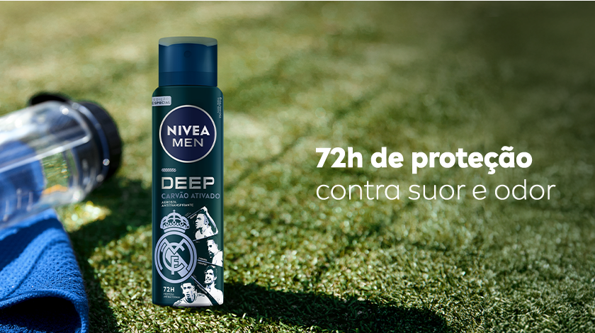 Frasco de desodorante NIVEA MEN DEEP Edição Limitada Real Madrid sobre um gramado ensolarado, com o texto 