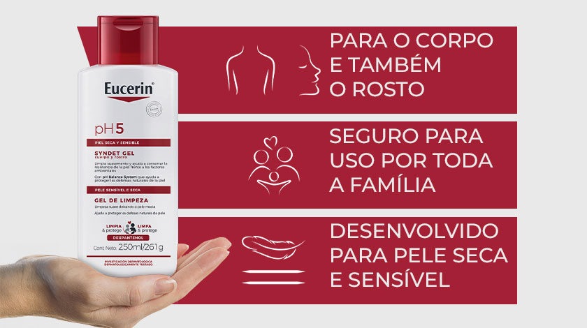 A embalagem do produto é segurada por uma mão. Ao lado, ícones em fundos vermelhos representam uso, família e pele sensível.