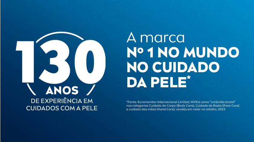 Fundo azul com destaque para o número “130 anos” e o texto: “A marca nº 1 no mundo no cuidado da pele*