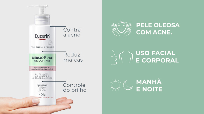 O fundo é verde-claro. No lado esquerdo, uma mão segura a garrafa do produto, com rótulo verde e branco. Acima do produto, três palavras-chave são destacadas. No lado direito, três ícones representam as indicações de uso.
