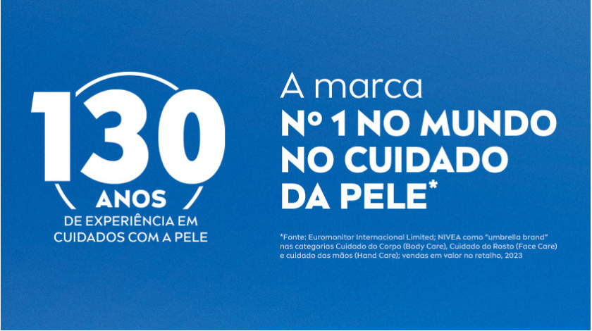 Fundo azul com selo de 130 anos da marca.