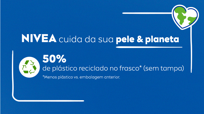Imagem de símbolo de planeta com coração e texto sobre sustentabilidade. Texto em destaque mostra redução de plástico.