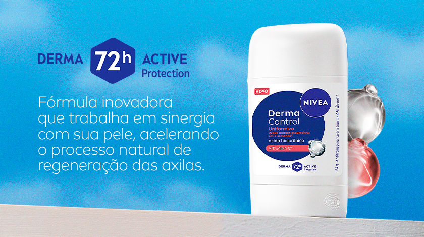 Imagem com fundo azul claro. Ao lado direito, aparece em destaque o desodorante em stick. Ao lado superior esquerdo, está inserido o selo de Derma Active.