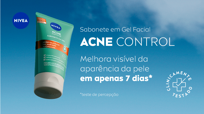 Imagem do produto NIVEA Acne Control com fundo azul claro, selo de clinicamente testado ao lado.