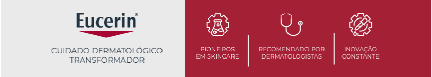 CUIDADO DERMATOLÓGICO TRANSFORMADOR: PIONEIROS EM SKINCARE, RECOMENDADO POR DERMATOLOGISTAS, INOVAÇÃO CONSTANTE Ao lado esquerdo, logotipo da Eucerin em destaque. Ao lado direito, fundo vermelho com três ícones que representam os pilares da marca.