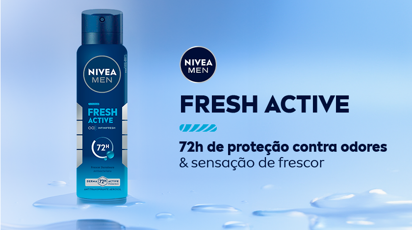 Ao lado esquerdo da imagem, o desodorante fresh active aparece em destaque. O fundo é azul claro, com algumas gotas de água na parte inferior.