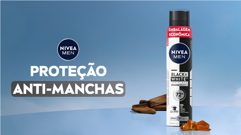 Imagem com fundo azul. Em destaque aparece a embalagem de Black & White Original, ao lado de ingredientes.